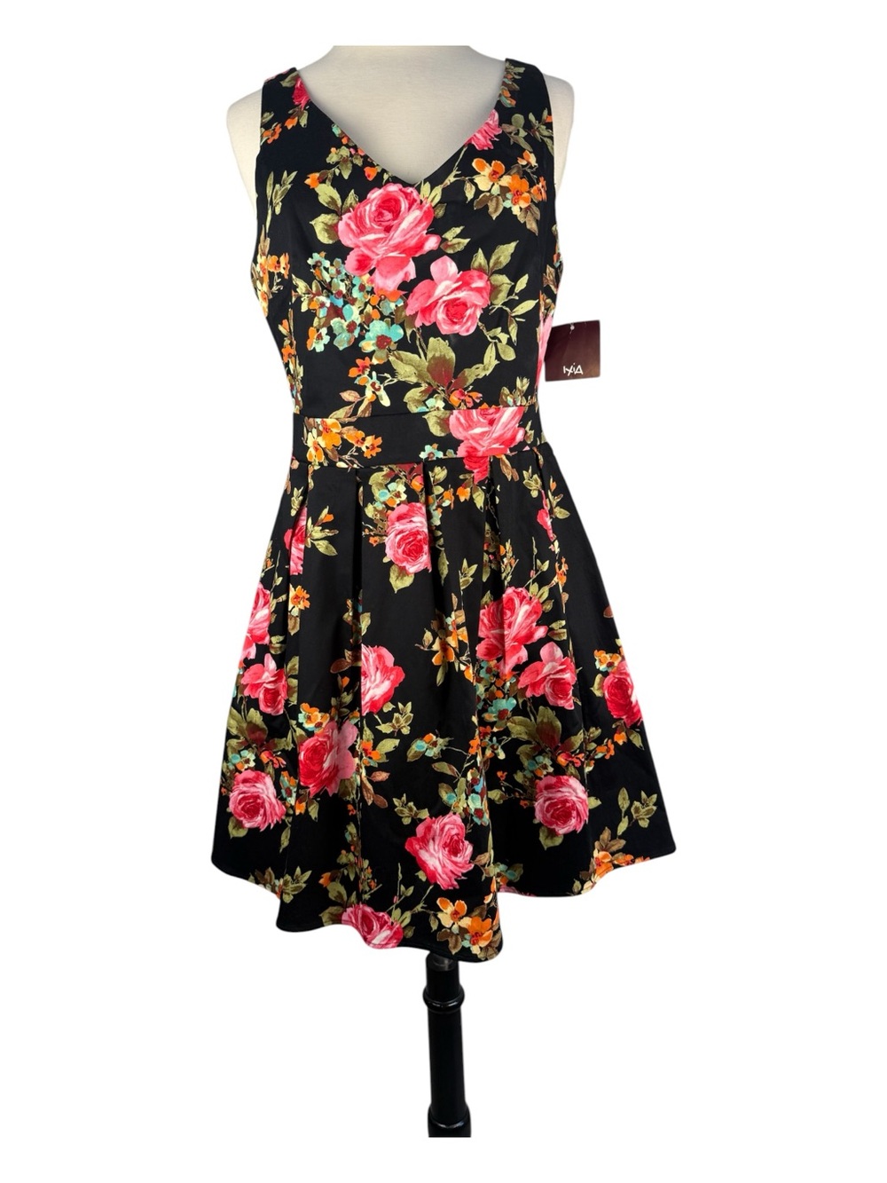 NWT Ixia Black Floral Multicolor Vintage Style Floral Fit & Flare Pinup Dress L
